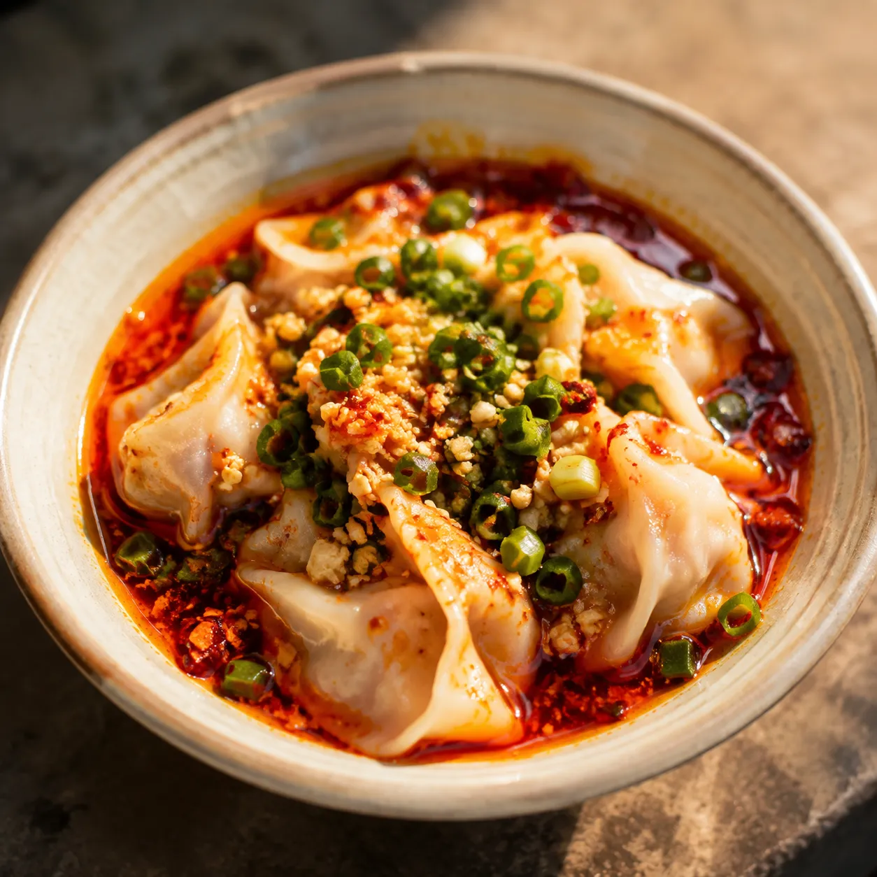 Chili Oil Wontons — Delicate pork wontons swimming in a pool of fragrant red chi