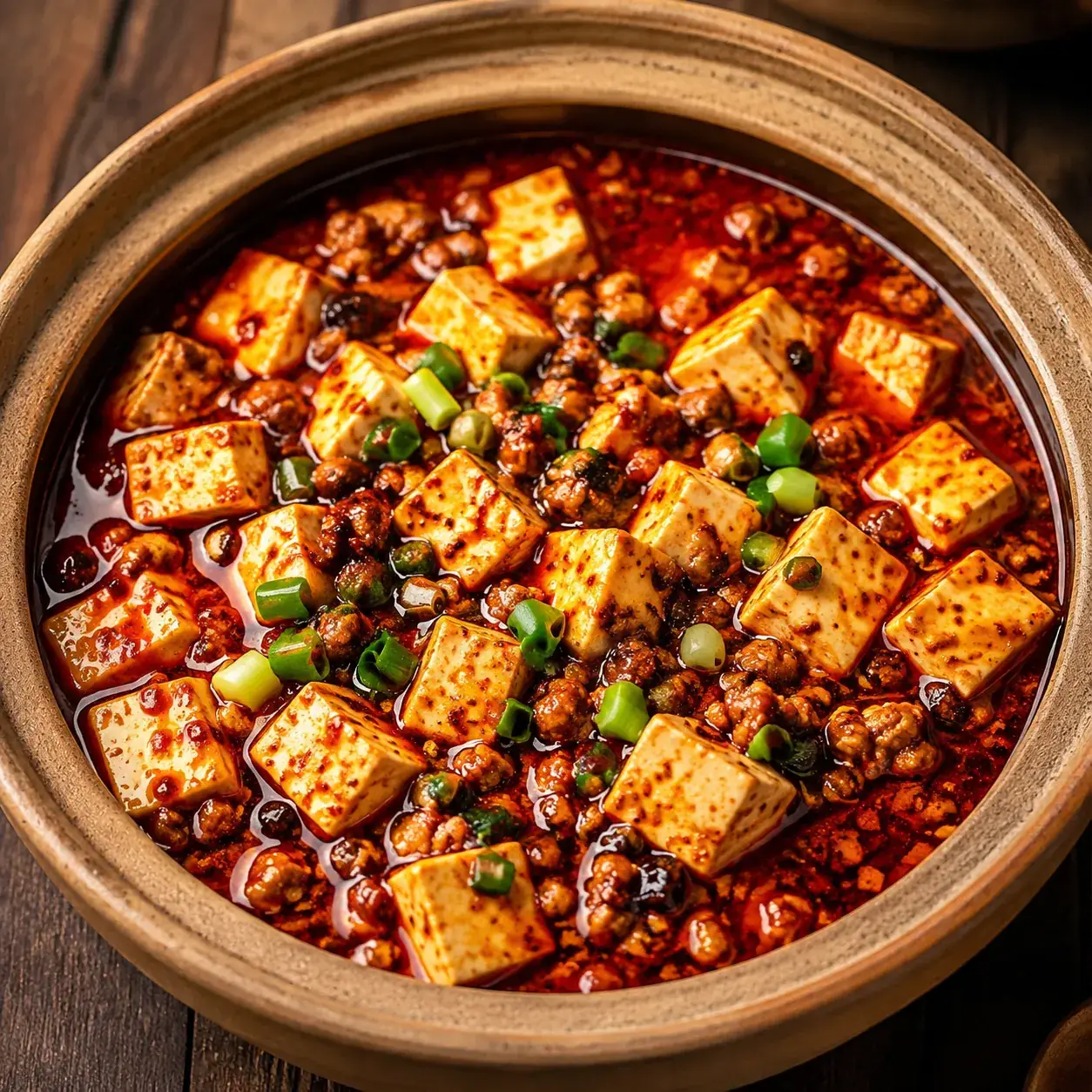 Mapo Tofu — Silky soft tofu cubes in a fiery red sauce of chili oil, fer